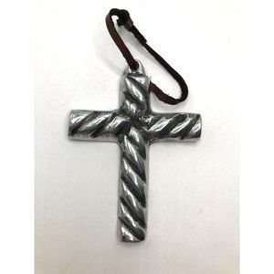 Pewter Decorative Hanging Wall Cross Made in Mexico 4 in Leather Loop Attached